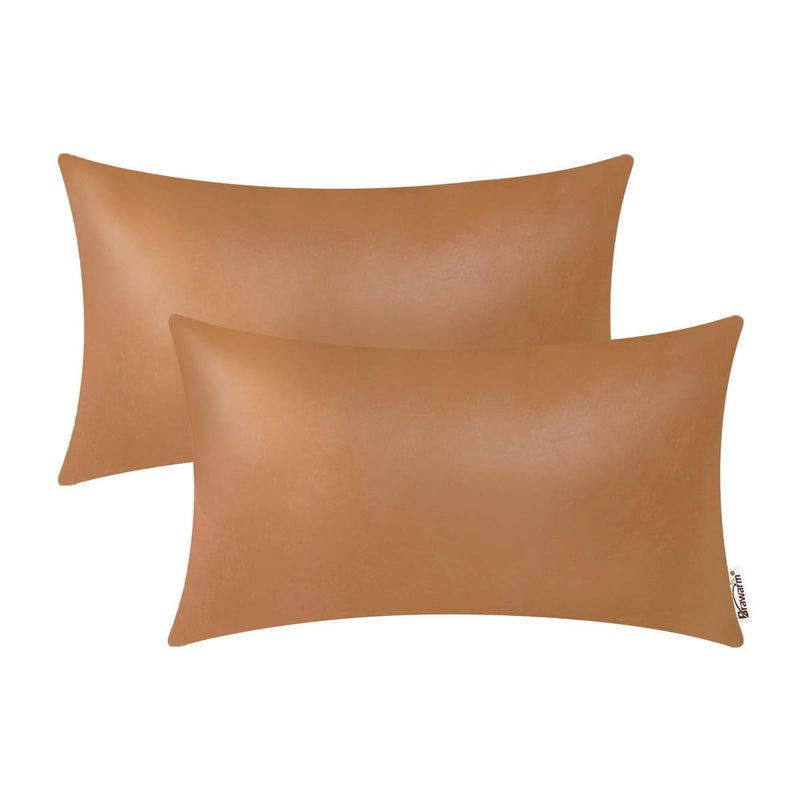 BRAWARM أغطية وسائد رمي من الجلد الصناعي BRAWARM 12 × 20 بوصة - أغطية وسائد قطنية جلدية بلون تان، عبوة من 2، أغطية وسائد مصبوغة صلبة للكنبة والسرير والحديقة والديكور المنزلي - Image 1